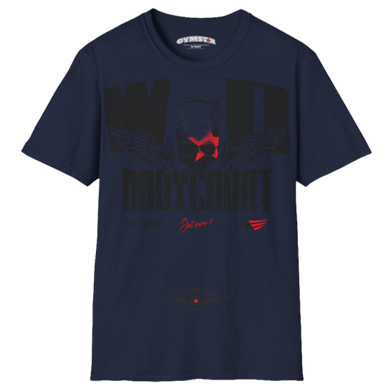 Unisex navy blue Gymstar t-shirt, perfect for intense workouts. Made in dark grey with a massive chest print that combines elements like a skull in a kettlebell, spread wings, and a red star. The design is completed with motivational texts "WOD Bodycount", making it an ideal choice for any athlete.