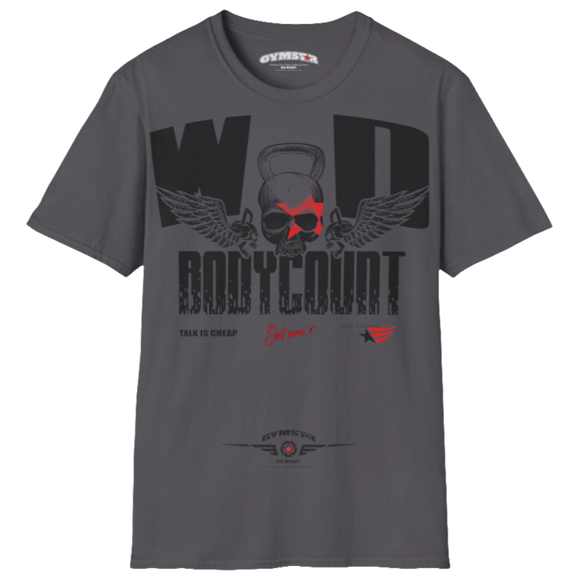 Unisex sport grey Gymstar t-shirt, perfect for intense workouts. Made in dark grey with a massive chest print that combines elements like a skull in a kettlebell, spread wings, and a red star. The design is completed with motivational texts "WOD Bodycount", making it an ideal choice for any athlete. 
