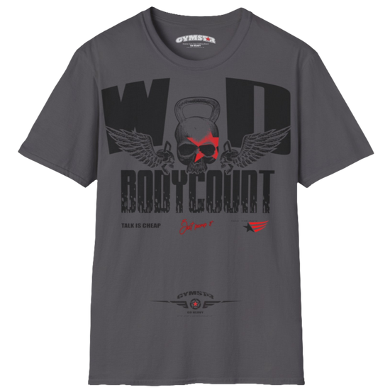 Unisex sport grey Gymstar t-shirt, perfect for intense workouts. Made in dark grey with a massive chest print that combines elements like a skull in a kettlebell, spread wings, and a red star. The design is completed with motivational texts "WOD Bodycount", making it an ideal choice for any athlete. 