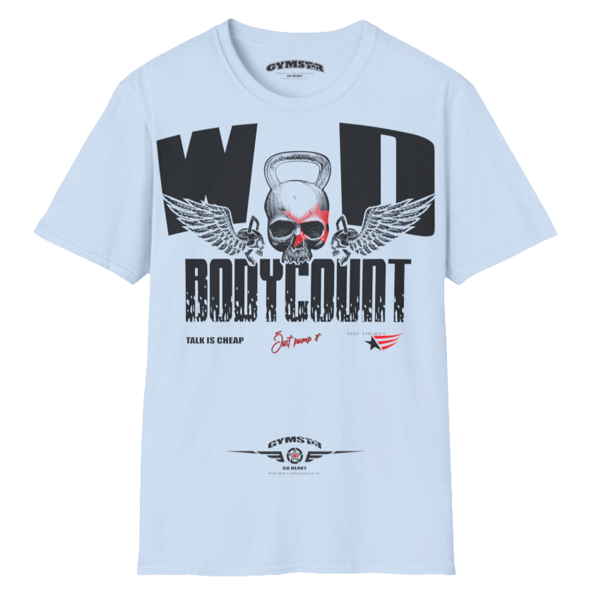 Unisex light blue Gymstar t-shirt, perfect for intense workouts. Made in dark grey with a massive chest print that combines elements like a skull in a kettlebell, spread wings, and a red star. The design is completed with motivational texts "WOD Bodycount", making it an ideal choice for any athlete.