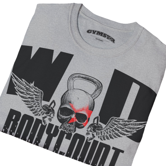 Unisex silver grey Gymstar t-shirt, perfect for intense workouts. Made in dark grey with a massive chest print that combines elements like a skull in a kettlebell, spread wings, and a red star. The design is completed with motivational texts "WOD Bodycount", making it an ideal choice for any athlete. Close up view.