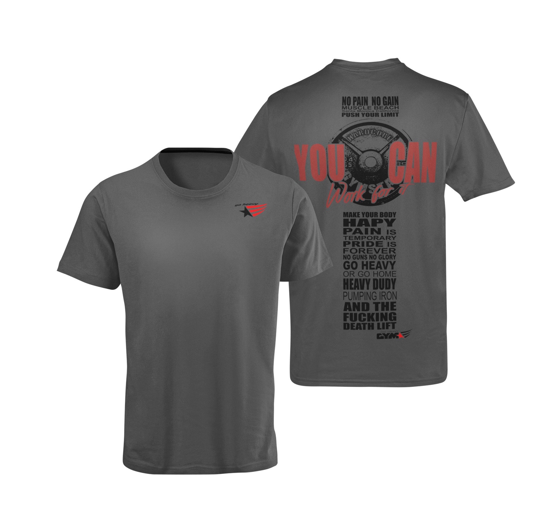 The image shows the back of two blue sports t-shirt Gymstar with the text 'YOU CAN' and a graphic of a Skull Kettlebell and logo.