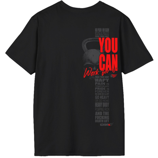 A black athletic t-shirt Gymstar with an attractive gym and workout print. The design features a skull shaped as a kettlebell and bold red lettering that reads "YOU CAN" and "Work for it." It also includes motivational phrases such as "NO PAIN NO GAIN," "GO HEAVY," "HEAVY DUTY," and "DEATH LIFT," making it an ideal choice for anyone involved in heavy lifting and strength training.
