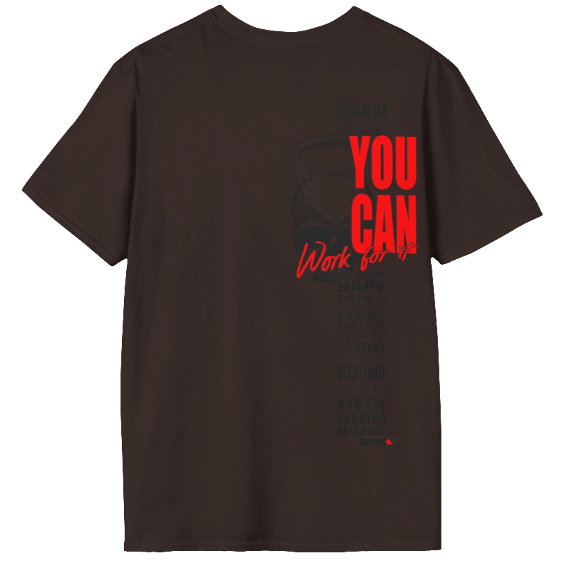 A brown athletic t-shirt Gymstar with an attractive gym and workout print. The design features a skull shaped as a kettlebell and bold red lettering that reads "YOU CAN" and "Work for it." It also includes motivational phrases such as "NO PAIN NO GAIN," "GO HEAVY," "HEAVY DUTY," and "DEATH LIFT," making it an ideal choice for anyone involved in heavy lifting and strength training.