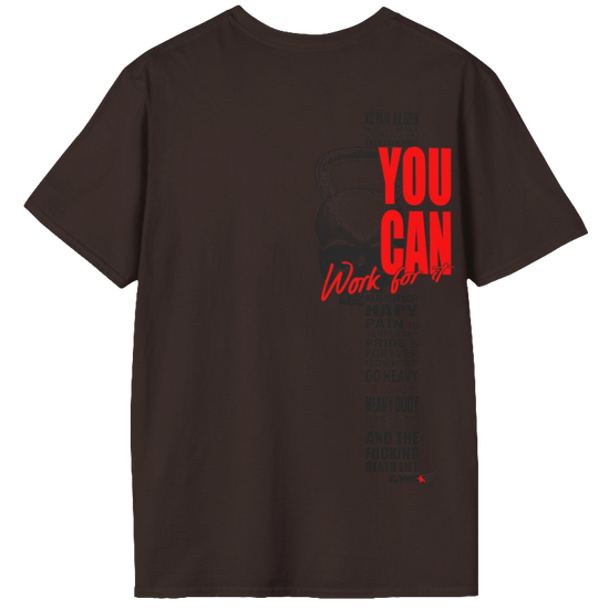A brown athletic t-shirt Gymstar with an attractive gym and workout print. The design features a skull shaped as a kettlebell and bold red lettering that reads "YOU CAN" and "Work for it." It also includes motivational phrases such as "NO PAIN NO GAIN," "GO HEAVY," "HEAVY DUTY," and "DEATH LIFT," making it an ideal choice for anyone involved in heavy lifting and strength training.