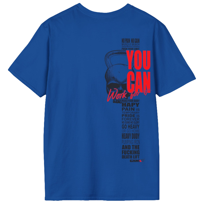 A blue athletic t-shirt Gymstar with an attractive gym and workout print. The design features a skull shaped as a kettlebell and bold red lettering that reads "YOU CAN" and "Work for it." It also includes motivational phrases such as "NO PAIN NO GAIN," "GO HEAVY," "HEAVY DUTY," and "DEATH LIFT," making it an ideal choice for anyone involved in heavy lifting and strength training.