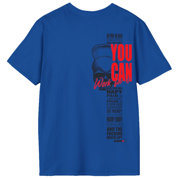 A blue athletic t-shirt Gymstar with an attractive gym and workout print. The design features a skull shaped as a kettlebell and bold red lettering that reads "YOU CAN" and "Work for it." It also includes motivational phrases such as "NO PAIN NO GAIN," "GO HEAVY," "HEAVY DUTY," and "DEATH LIFT," making it an ideal choice for anyone involved in heavy lifting and strength training.