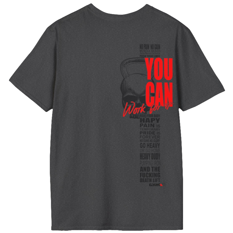 
Men's dark grey athletic t-shirt Gymstar with an attractive gym and workout print. The design features a skull shaped as a kettlebell and bold red lettering that reads "YOU CAN" and "Work for it." It also includes motivational phrases such as "NO PAIN NO GAIN," "GO HEAVY," "HEAVY DUTY," and "DEATH LIFT," making it an ideal choice for anyone involved in heavy lifting and strength training.