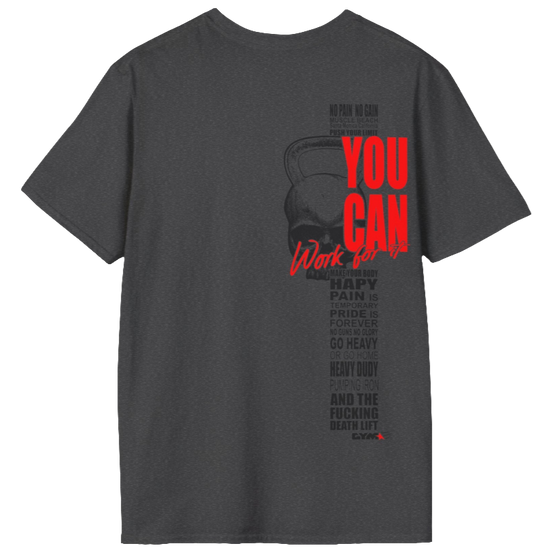 
Men's dark grey athletic t-shirt Gymstar with an attractive gym and workout print. The design features a skull shaped as a kettlebell and bold red lettering that reads "YOU CAN" and "Work for it." It also includes motivational phrases such as "NO PAIN NO GAIN," "GO HEAVY," "HEAVY DUTY," and "DEATH LIFT," making it an ideal choice for anyone involved in heavy lifting and strength training.