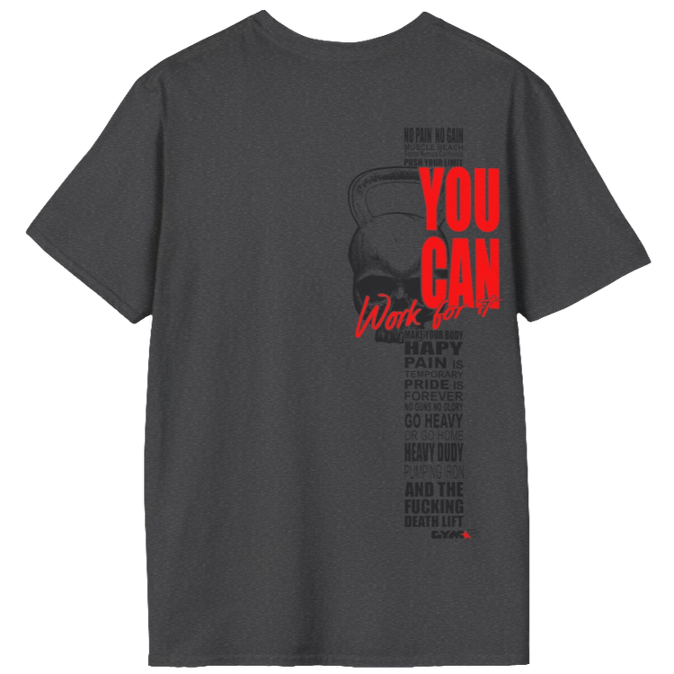 
Men's dark grey athletic t-shirt Gymstar with an attractive gym and workout print. The design features a skull shaped as a kettlebell and bold red lettering that reads "YOU CAN" and "Work for it." It also includes motivational phrases such as "NO PAIN NO GAIN," "GO HEAVY," "HEAVY DUTY," and "DEATH LIFT," making it an ideal choice for anyone involved in heavy lifting and strength training.