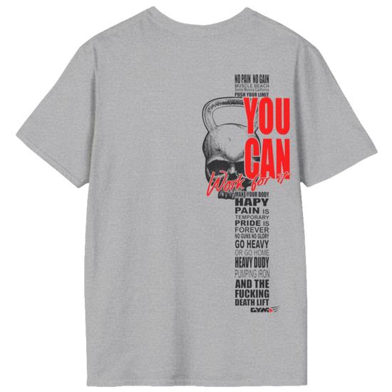 A silver grey athletic t-shirt Gymstar with an attractive gym and workout print. The design features a skull shaped as a kettlebell and bold red lettering that reads "YOU CAN" and "Work for it." It also includes motivational phrases such as "NO PAIN NO GAIN," "GO HEAVY," "HEAVY DUTY," and "DEATH LIFT," making it an ideal choice for anyone involved in heavy lifting and strength training.