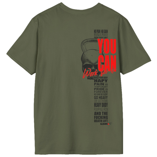 Military green athletic t-shirt Gymstar with an attractive gym and workout print. The design features a skull shaped as a kettlebell and bold red lettering that reads "YOU CAN" and "Work for it." It also includes motivational phrases such as "NO PAIN NO GAIN," "GO HEAVY," "HEAVY DUTY," and "DEATH LIFT," making it an ideal choice for anyone involved in heavy lifting and strength training.