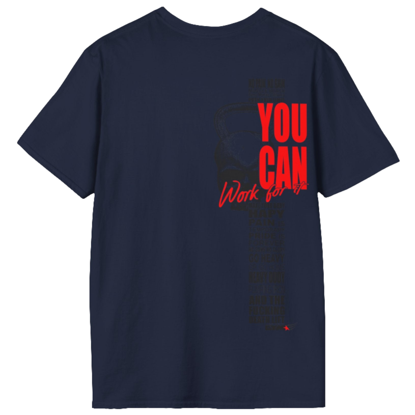 A dark navy t-shirt Gymstar with an attractive gym and workout print. The design features a skull shaped as a kettlebell and bold red lettering that reads "YOU CAN" and "Work for it." It also includes motivational phrases such as "NO PAIN NO GAIN," "GO HEAVY," "HEAVY DUTY," and "DEATH LIFT," making it an ideal choice for anyone involved in heavy lifting and strength training.