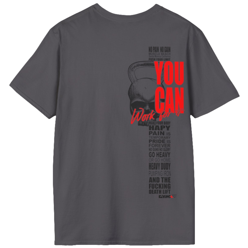 A sports grey athletic t-shirt Gymstar with an attractive gym and workout print. The design features a skull shaped as a kettlebell and bold red lettering that reads "YOU CAN" and "Work for it." It also includes motivational phrases such as "NO PAIN NO GAIN," "GO HEAVY," "HEAVY DUTY," and "DEATH LIFT," making it an ideal choice for anyone involved in heavy lifting and strength training.