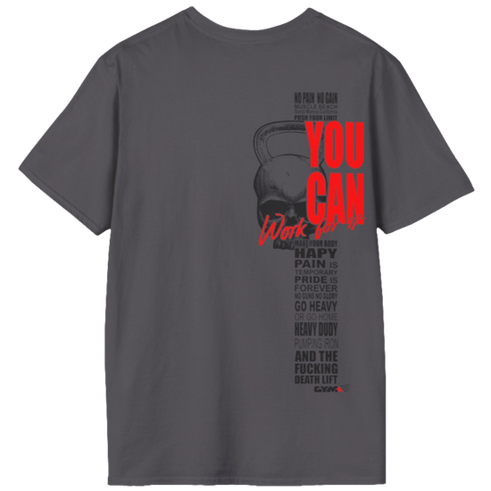 A sports grey athletic t-shirt Gymstar with an attractive gym and workout print. The design features a skull shaped as a kettlebell and bold red lettering that reads "YOU CAN" and "Work for it." It also includes motivational phrases such as "NO PAIN NO GAIN," "GO HEAVY," "HEAVY DUTY," and "DEATH LIFT," making it an ideal choice for anyone involved in heavy lifting and strength training.