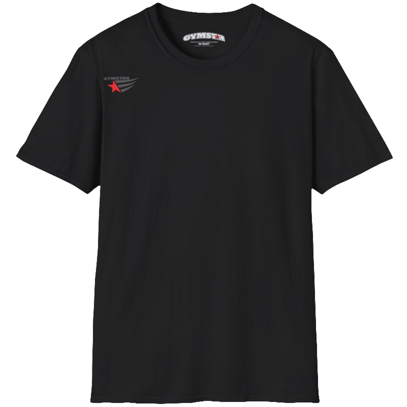  A classic, minimalist black t-shirt from Gymstar with a subtle and stylish design. The small logo featuring a red star with wings is positioned high on the left side of the chest. This t-shirt is suitable for athletic activities and creates a strong, understated look.