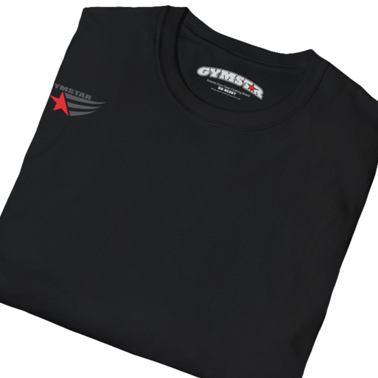 A men's black short-sleeved t-shirt Gymstar designed for fitness. It features a small logo on the left chest, which consists of a red star and three black stripes. Close up view.