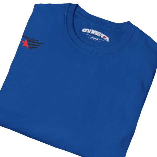 A men's blue short-sleeved t-shirt Gymstar designed for fitness. It features a small logo on the left chest, which consists of a red star and three black stripes. Close up view.