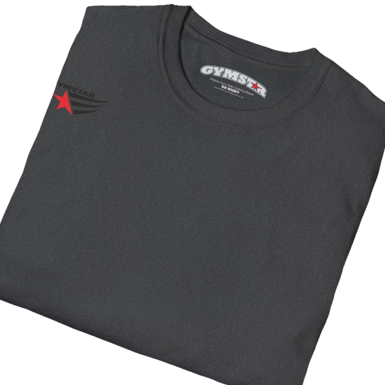 A men's sport grey short-sleeved t-shirt Gymstar designed for fitness. It features a small logo on the right chest, which consists of a red star and three black stripes. Close up view.