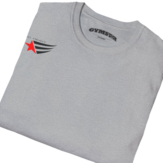 A men's silver grey short-sleeved t-shirt Gymstar designed for fitness. It features a small logo on the left chest, which consists of a red star and three black stripes. Close up view.