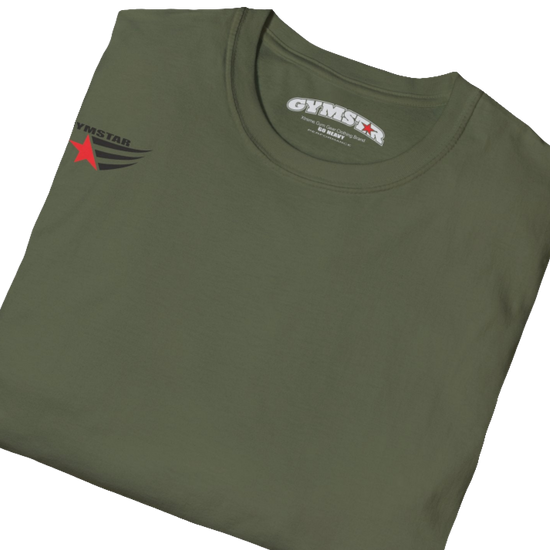 A men's military grey short-sleeved t-shirt Gymstar designed for fitness. It features a small logo on the left chest, which consists of a red star and three black stripes. Close up view.