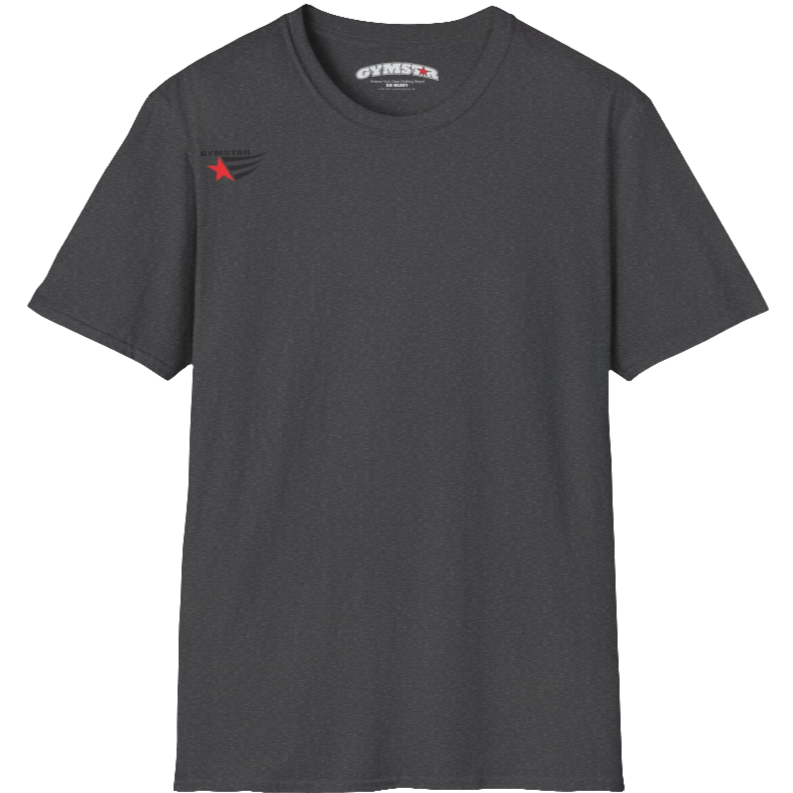  A classic, minimalist dark grey t-shirt from Gymstar with a subtle and stylish design. The small logo featuring a red star with wings is positioned high on the left side of the chest. This t-shirt is suitable for athletic activities and creates a strong, understated look.