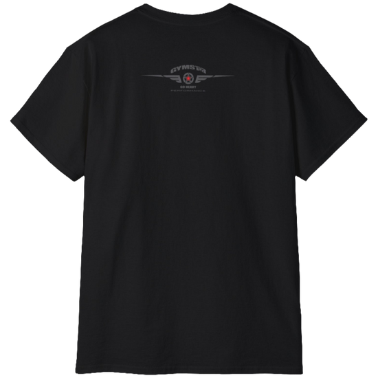 A black Gymstar fitness t-shirt with the brand logo and a motivating design I feel Good. Rear view.