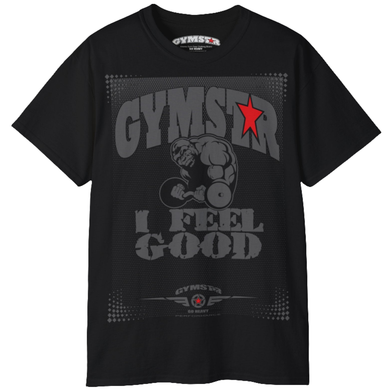 A black Gymstar fitness t-shirt with the brand logo and a motivating design I feel Good. Front view.
