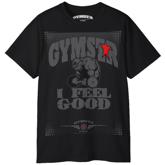 A black Gymstar fitness t-shirt with the brand logo and a motivating design I feel Good. Front view.