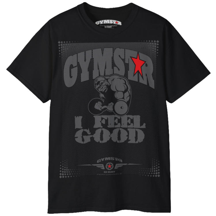 A black Gymstar fitness t-shirt with the brand logo and a motivating design I feel Good. Front view.