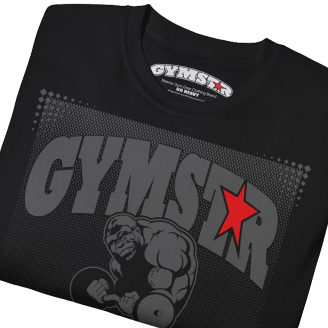 A black Gymstar fitness t-shirt with the brand logo and a motivating design I feel Good. Close up front view.