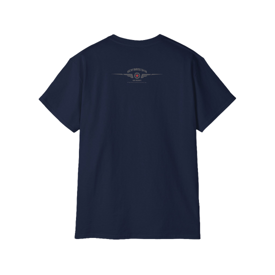 A navy blue Gymstar fitness t-shirt with the brand logo and a motivating design I feel Good. Rear view.
