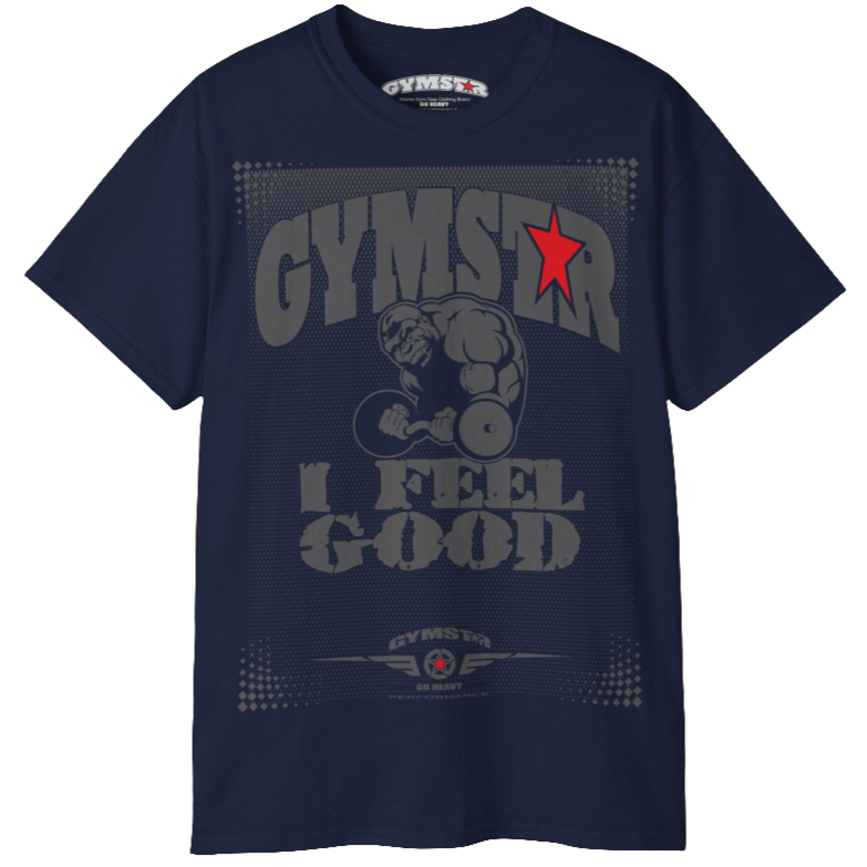A nava blue Gymstar fitness t-shirt with the brand logo and a motivating design I feel Good. Front view.