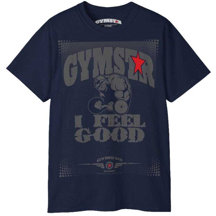 A nava blue Gymstar fitness t-shirt with the brand logo and a motivating design I feel Good. Front view.