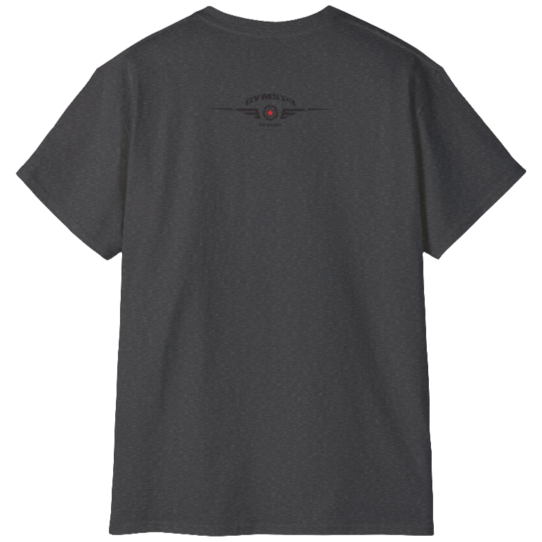 A grey Gymstar fitness t-shirt with the brand logo and a motivating design I feel Good. Rear view.