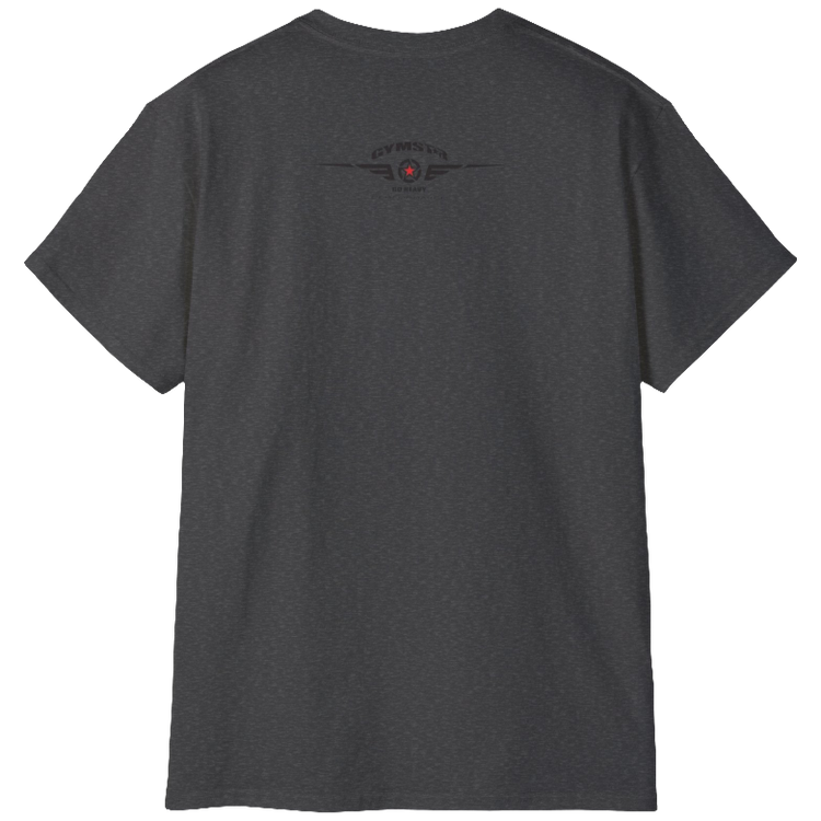 A grey Gymstar fitness t-shirt with the brand logo and a motivating design I feel Good. Rear view.