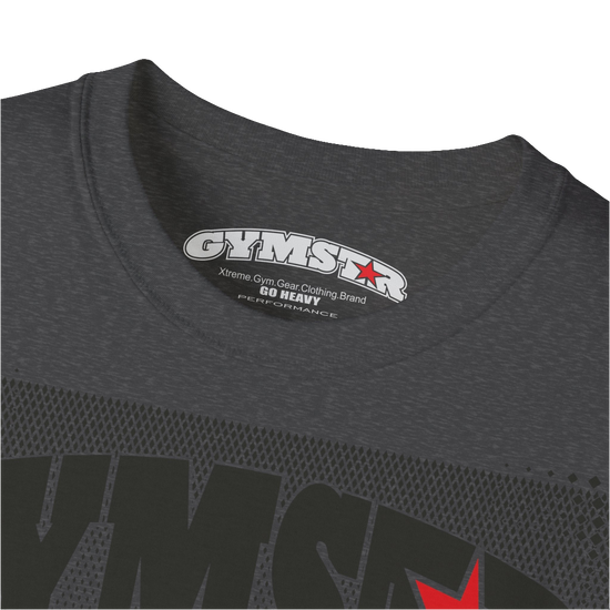 A  grey Gymstar fitness t-shirt with the brand logo and a motivating design I feel Good. Close up view.