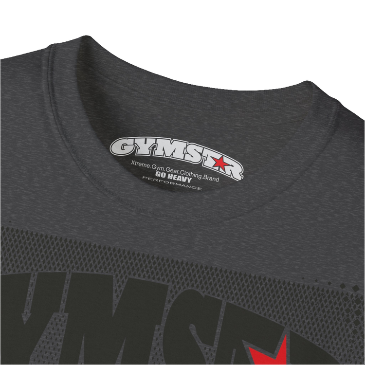 A  grey Gymstar fitness t-shirt with the brand logo and a motivating design I feel Good. Close up view.