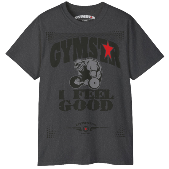 A dark grey Gymstar fitness t-shirt with the brand logo and a motivating design I feel Good. Front view.