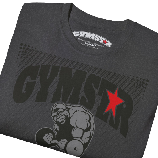 A  grey Gymstar fitness t-shirt with the brand logo and a motivating design I feel Good. Close up front view.