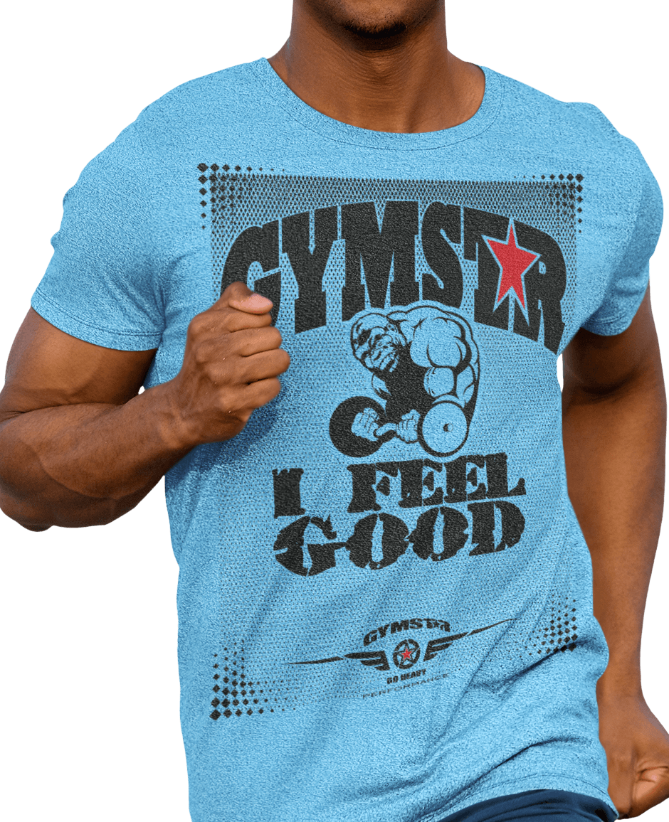 A man wearing blue  Gymstar t-shirt with a graphic print that includes text I Feel Good, Gorila lifting barbel and a logo related to fitness and bodybuilding.