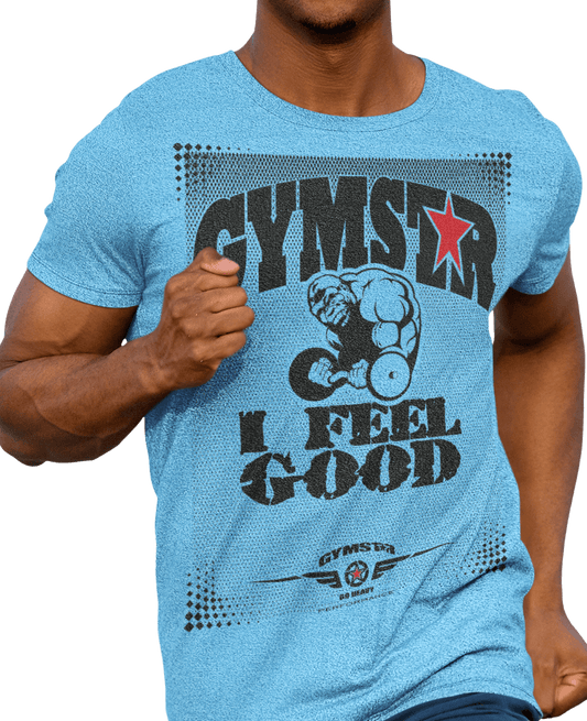 A man wearing blue  Gymstar t-shirt with a graphic print that includes text I Feel Good, Gorila lifting barbel and a logo related to fitness and bodybuilding.