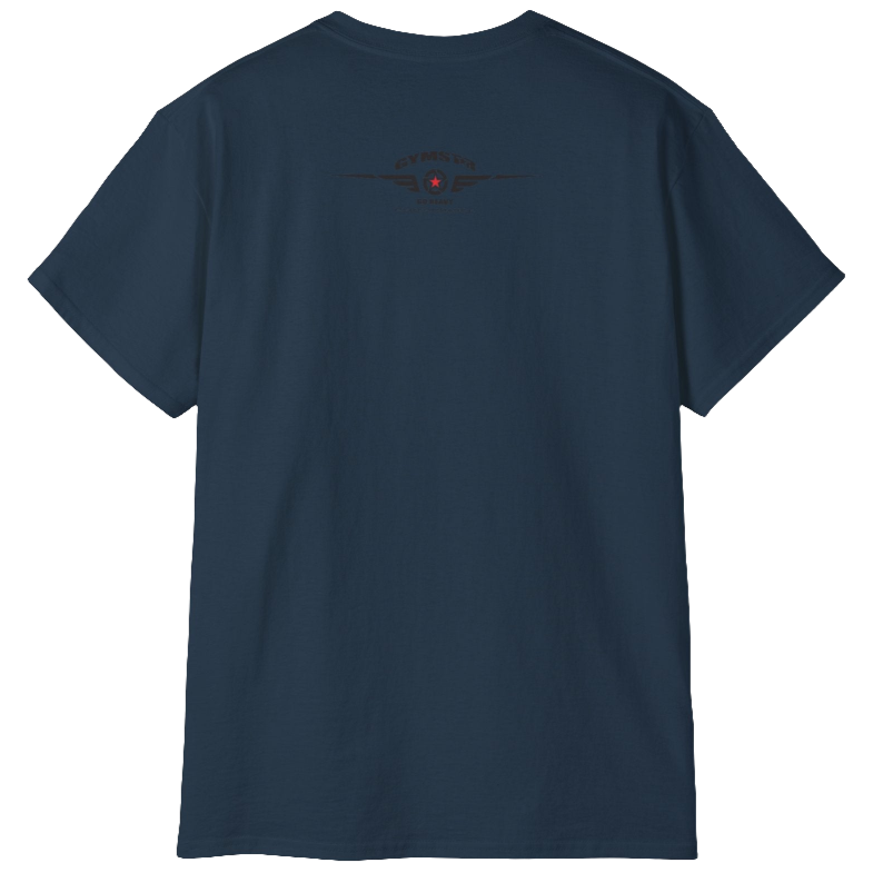 A deep navi blue  Gymstar fitness t-shirt with the brand logo and a motivating design I feel Good. Rear view.