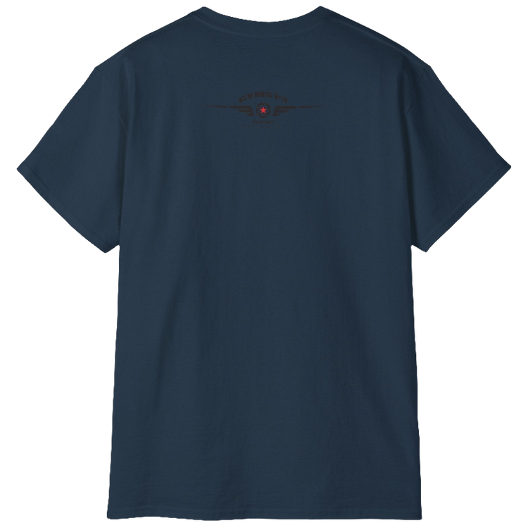 A deep navi blue  Gymstar fitness t-shirt with the brand logo and a motivating design I feel Good. Rear view.