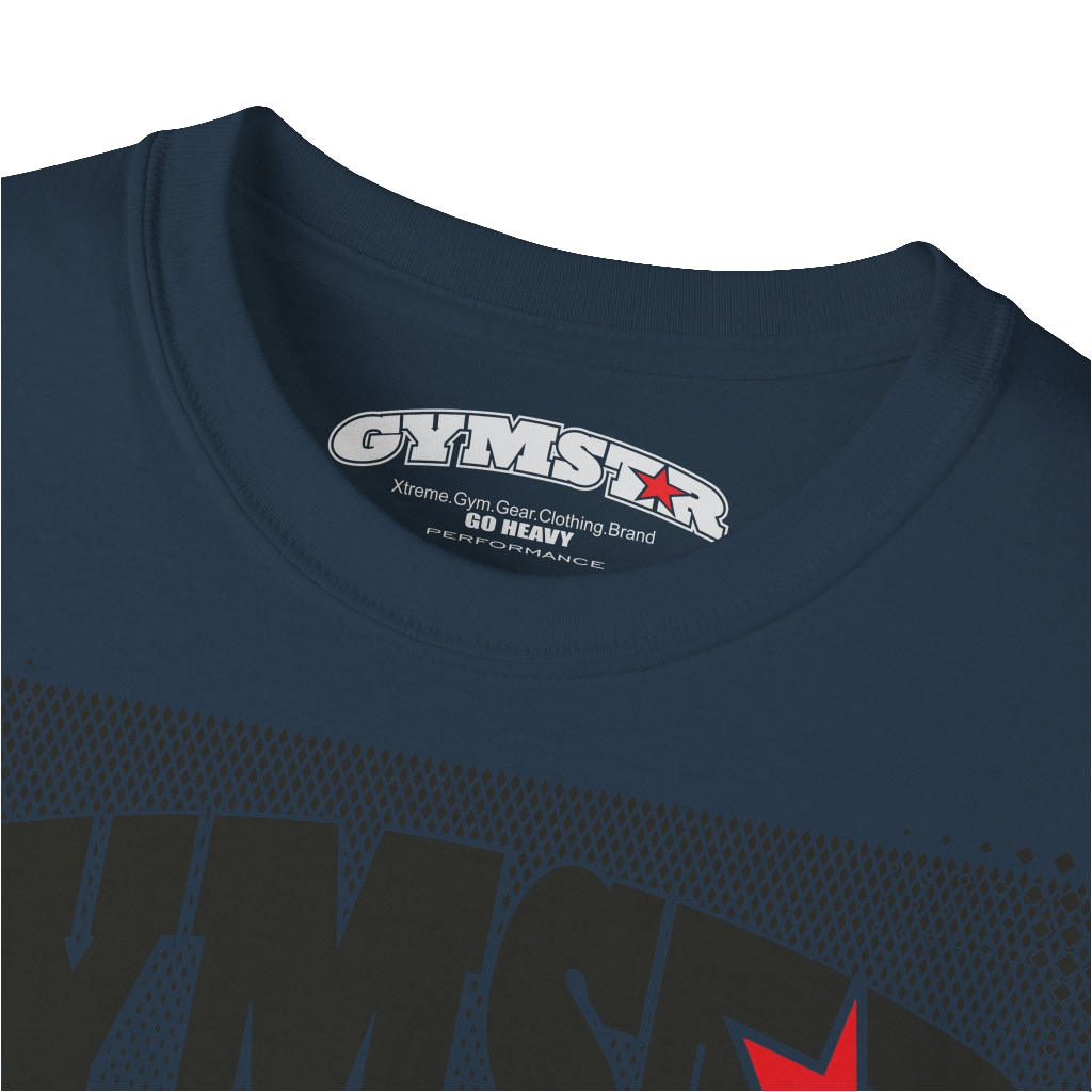 A deep navy blue Gymstar fitness t-shirt with the brand logo and a motivating design I feel Good. Close up view.
