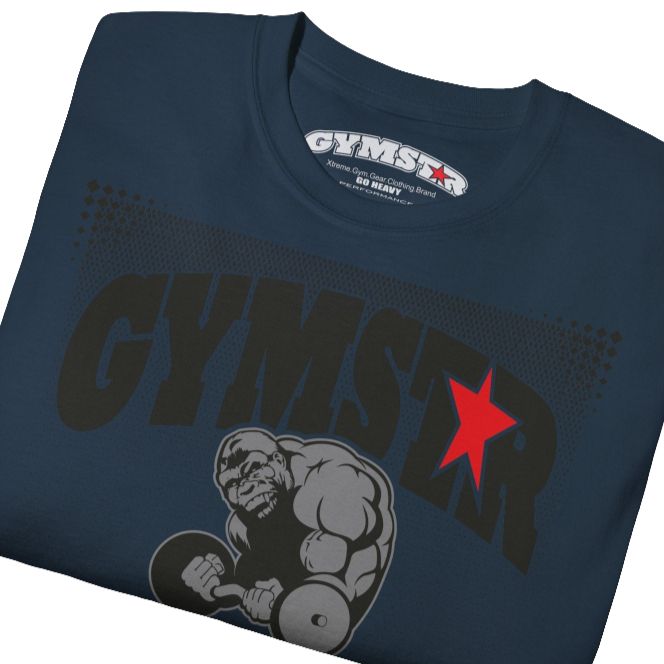 A deep navy blue Gymstar fitness t-shirt with the brand logo and a motivating design I feel Good. Close up front view.