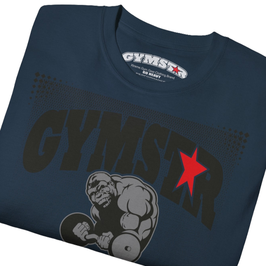 A deep navy blue Gymstar fitness t-shirt with the brand logo and a motivating design I feel Good. Close up front view.