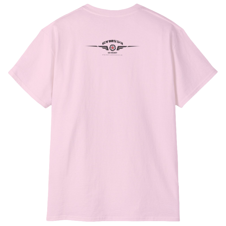 A pink Gymstar fitness t-shirt with the brand logo and a motivating design I feel Good. Rear view.