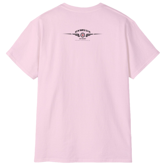 A pink Gymstar fitness t-shirt with the brand logo and a motivating design I feel Good. Rear view.