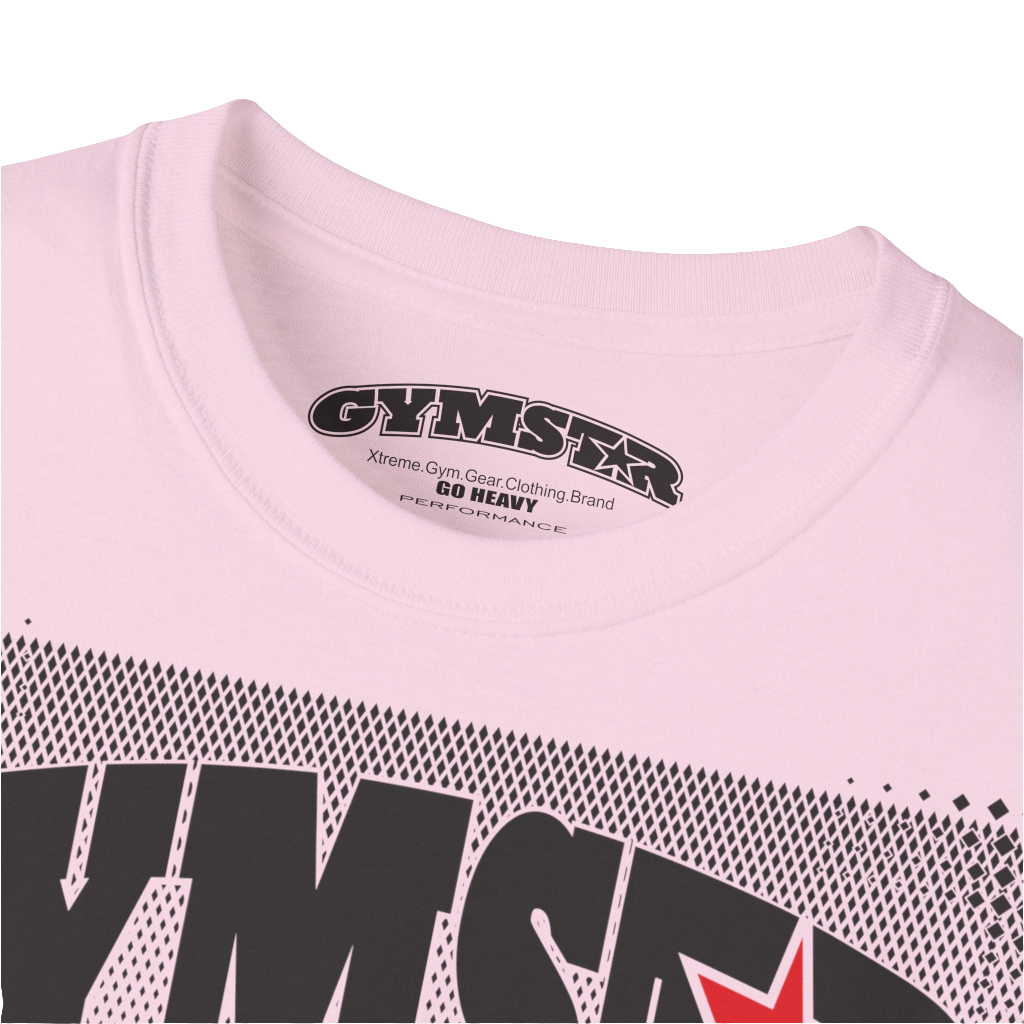 A pink Gymstar fitness t-shirt with the brand logo and a motivating design I feel Good. Close up view.